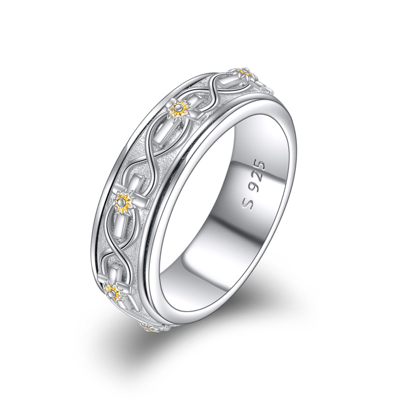 Sterling Silver Two-tone Sunflower & Cross Spinner Ring