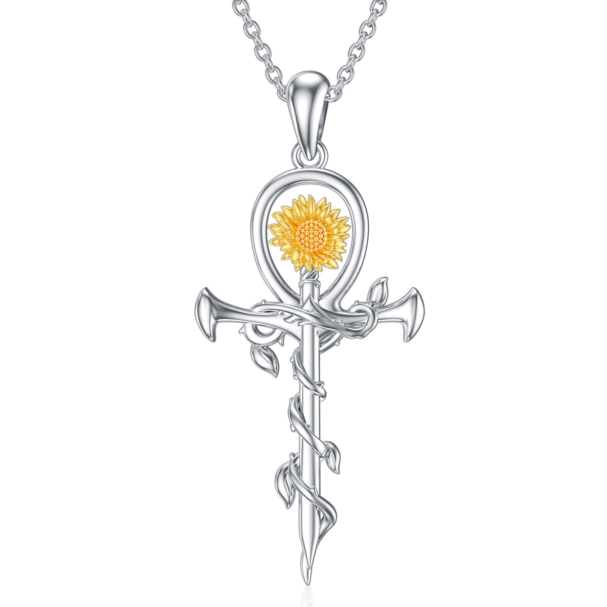 Collana con ciondolo a forma di girasole e croce in argento sterling bicolore-1