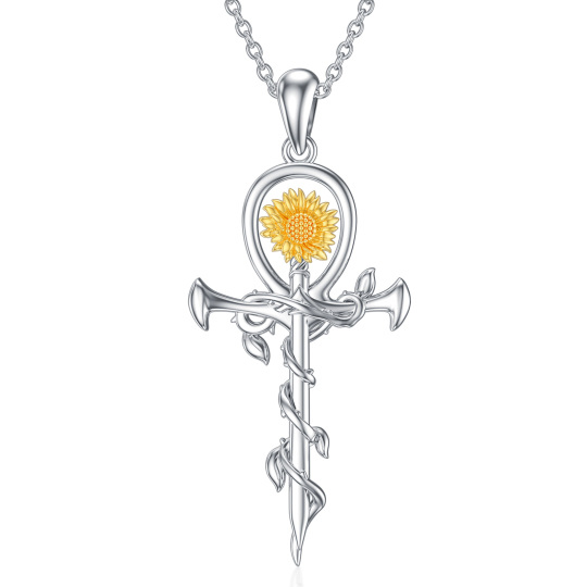 Sterling Silber zweifarbige Sonnenblume & Kreuz Schwert Anhänger Halskette