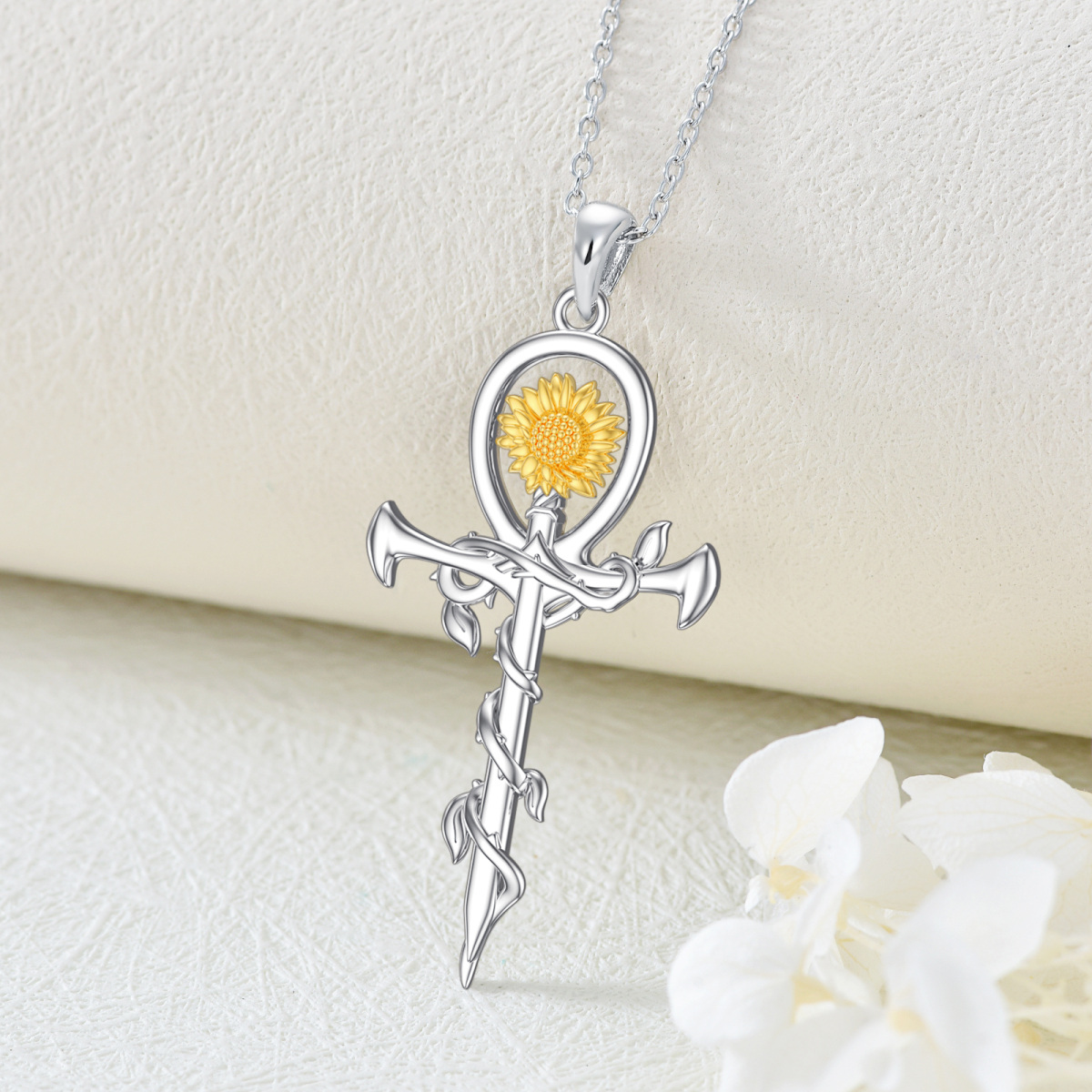 Collana con ciondolo a forma di girasole e croce in argento sterling bicolore-4