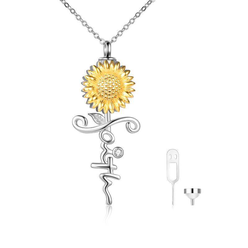 Sterling Silver Two-tone Cubic Zirconia Sunflower & Cross Urn Necklace for Ashes-13