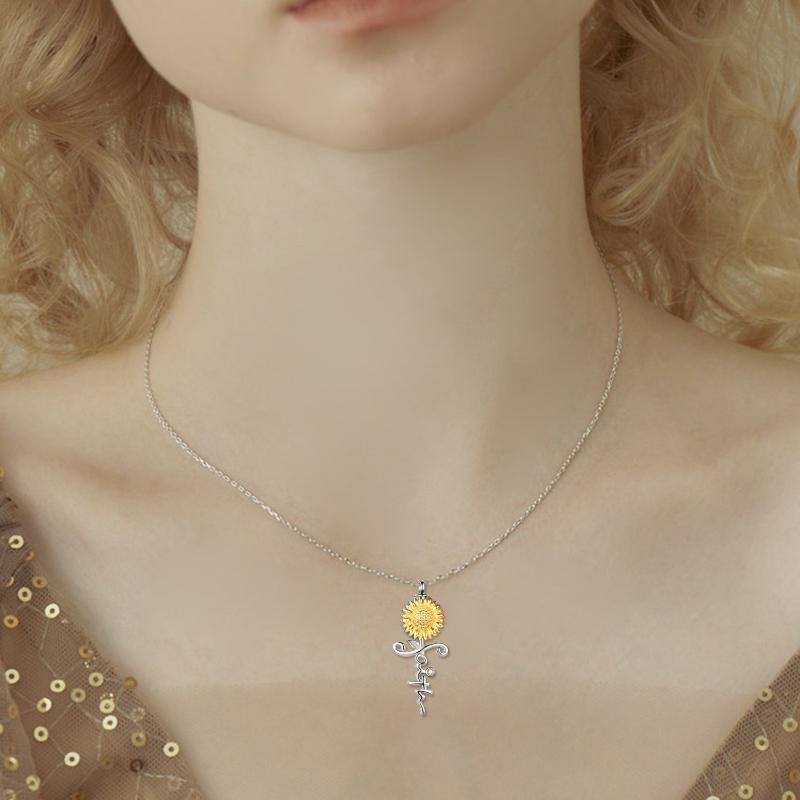 Collier urne funéraire en argent sterling avec croix tournesol et zircone cubique bicolore pour cendres-2
