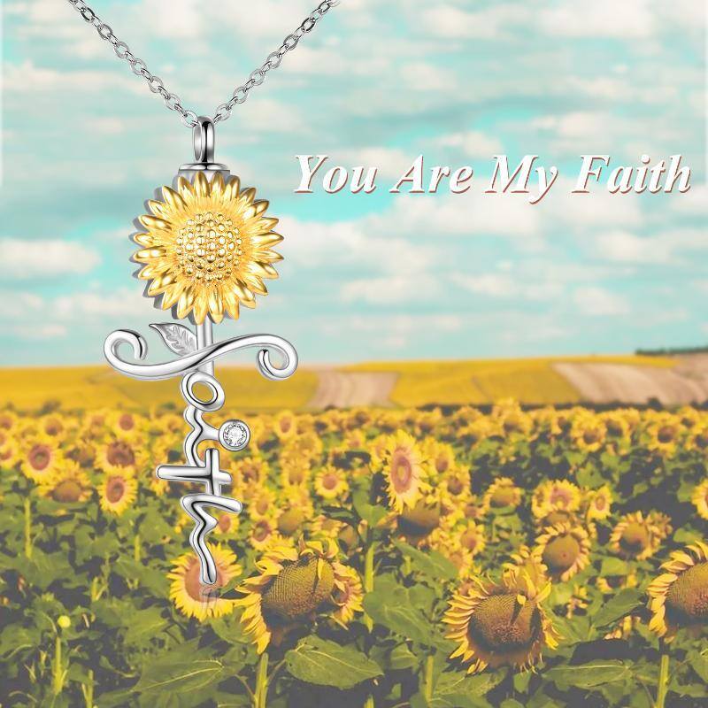 Collar de urna con cruz de girasol de plata de ley con circonita cúbica de dos tonos para cenizas-6