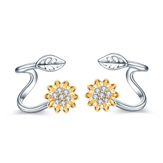 Sterling Silver Two-tone Cubic Zirconia Sunflower Cuff Wrap Stud Earrings for Women Girls