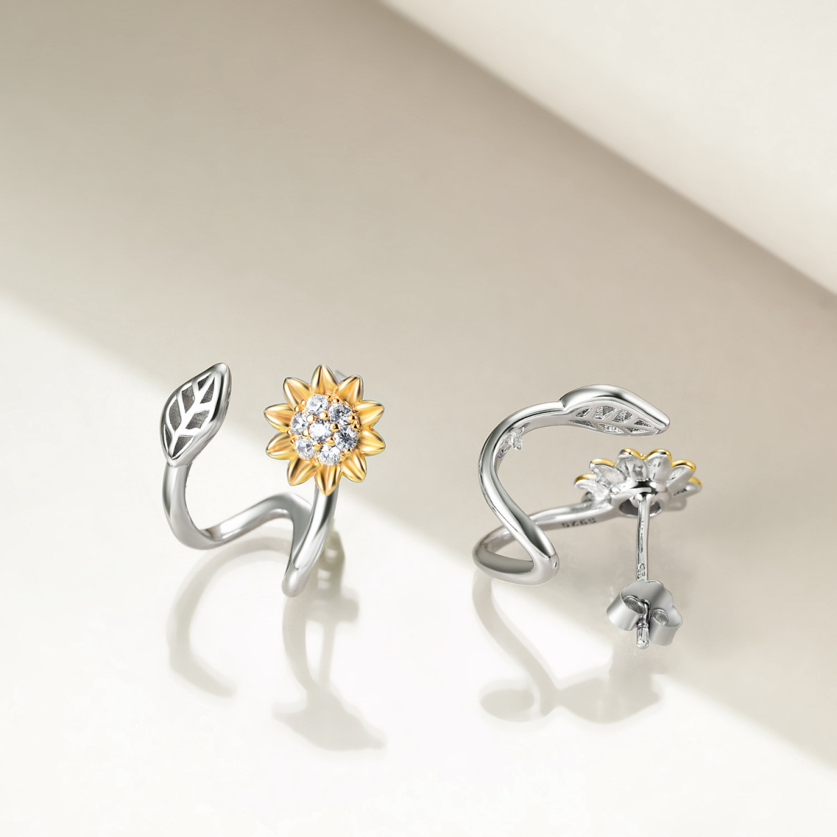 Sterling Silver Two-tone Cubic Zirconia Sunflower Cuff Wrap Stud Earrings for Women Girls-4