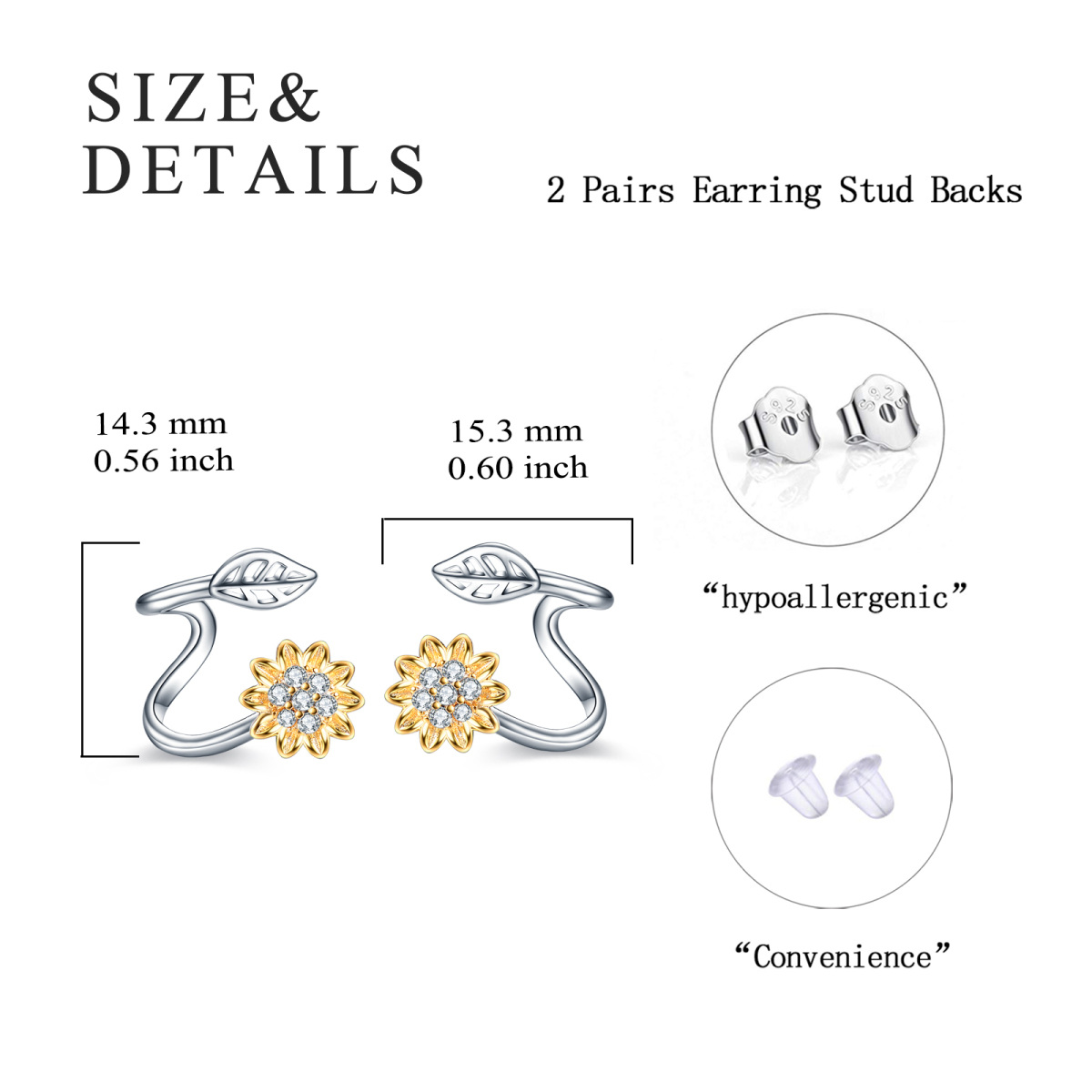 Sterling Silver Two-tone Cubic Zirconia Sunflower Cuff Wrap Stud Earrings for Women Girls-5