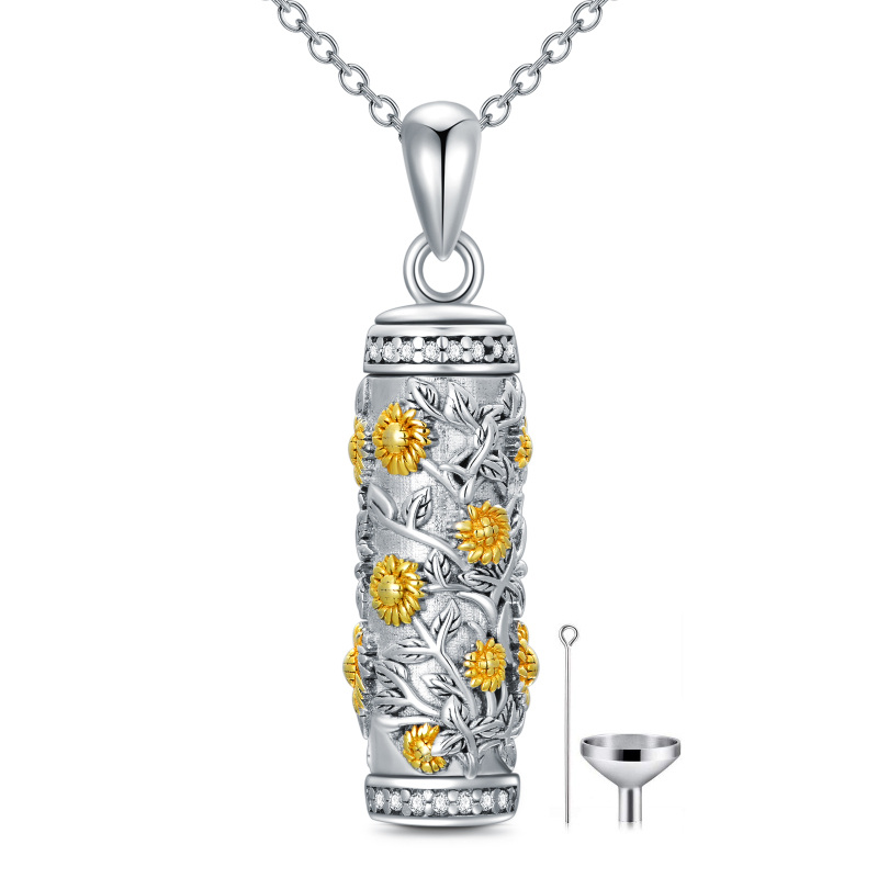 Sterling Silver Two-tone Sunflower Cylindrical Urn Necklace for Ashes-12