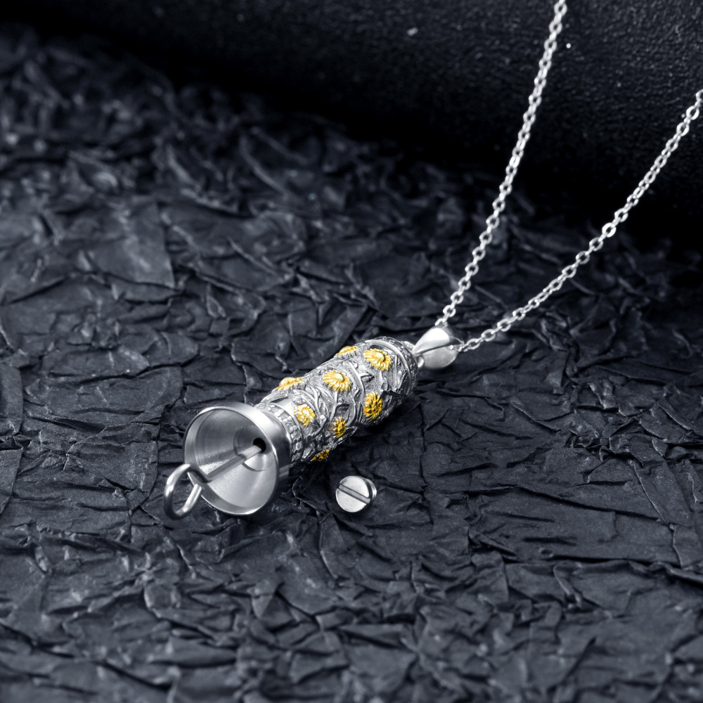 Sterling Silver Two-tone Sunflower Cylindrical Urn Necklace for Ashes-3