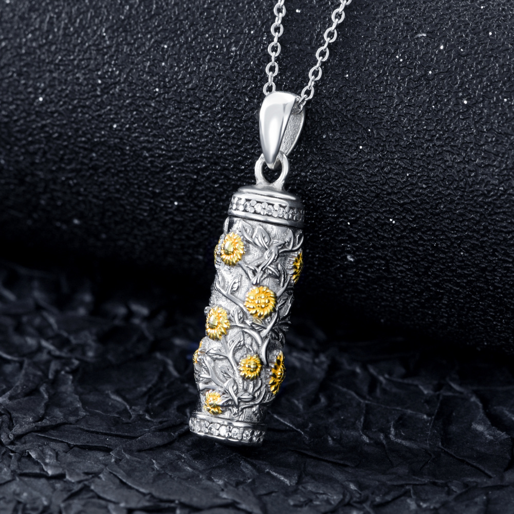 Sterling Silver Two-tone Sunflower Cylindrical Urn Necklace for Ashes-4