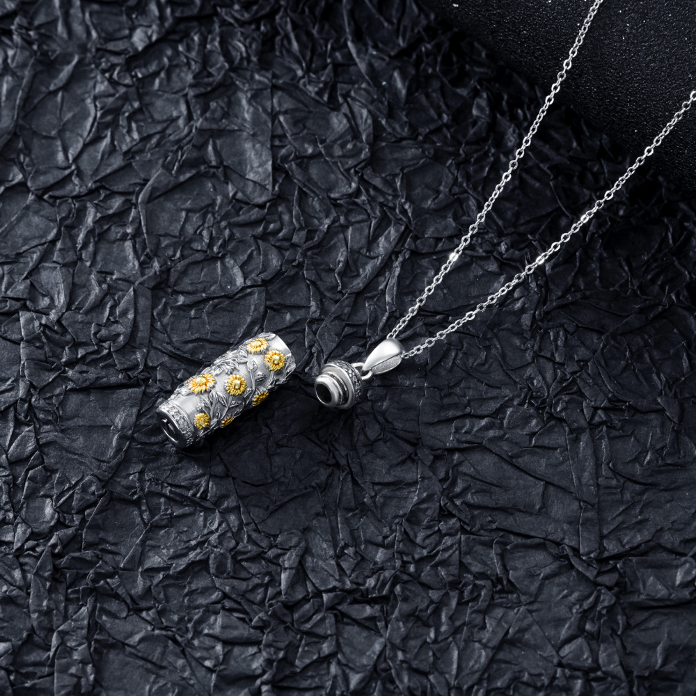 Sterling Silver Two-tone Sunflower Cylindrical Urn Necklace for Ashes-5