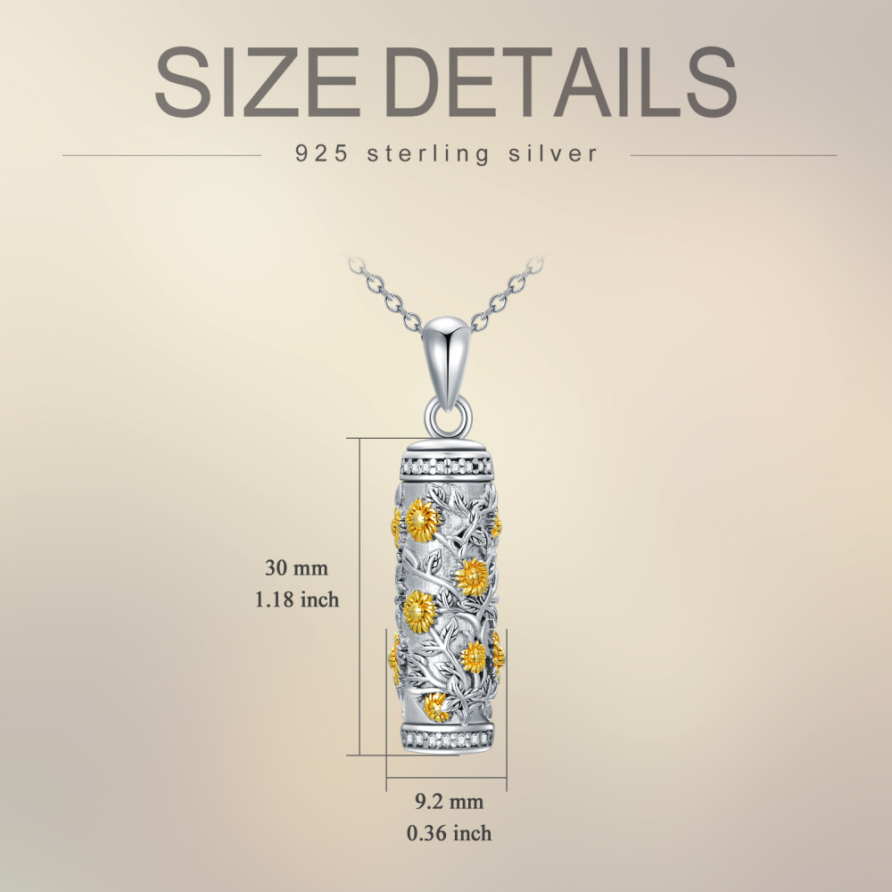Sterling Silver Two-tone Sunflower Cylindrical Urn Necklace for Ashes-6
