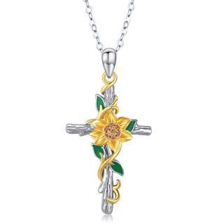 Sterling Silver Two-tone Cubic Zirconia Sunflower Daffodil & Cross Pendant Necklace-38