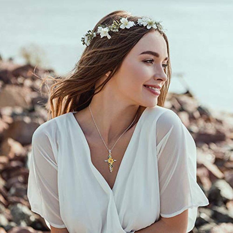 Collana con ciondolo a forma di girasole e croce in argento sterling con zirconia cubica bicolore-2