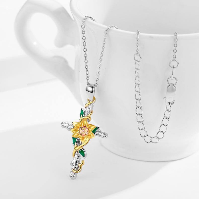 Sterling Silver Two-tone Cubic Zirconia Sunflower Daffodil & Cross Pendant Necklace-3