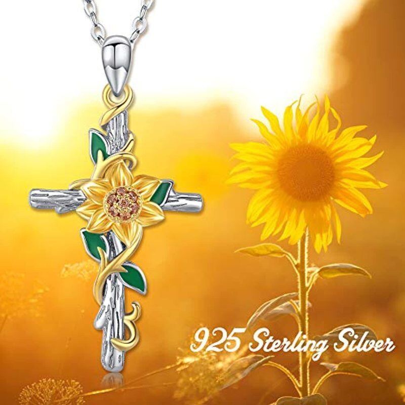 Collana con ciondolo a forma di girasole e croce in argento sterling con zirconia cubica bicolore-5