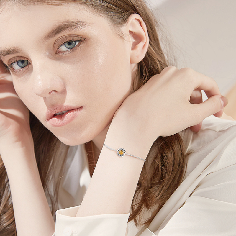 Sterling Silver Two-tone Sunflower Daisy Urn Bracelet for Ashes-2