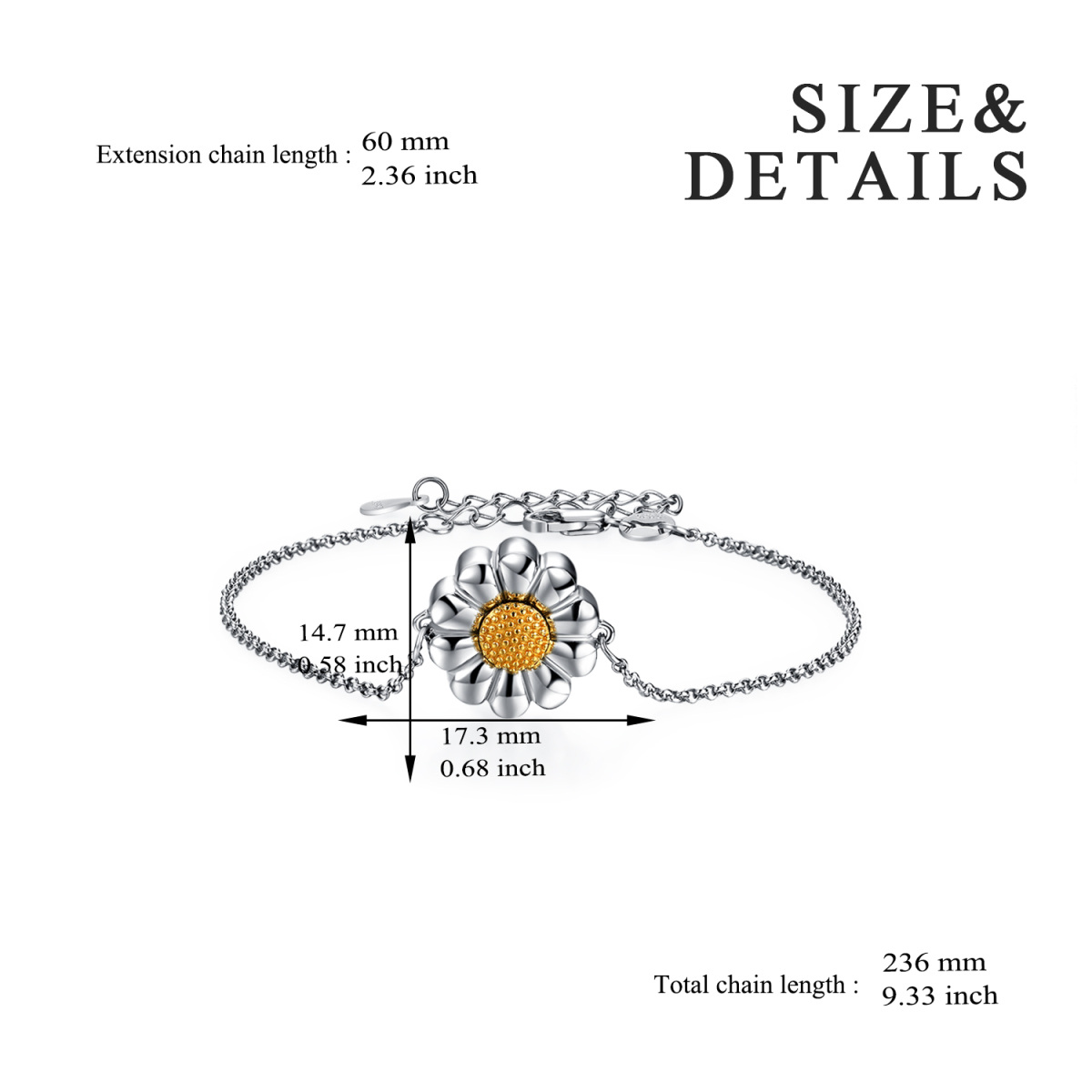 Pulseira de prata esterlina com dois tons de girassol e margarida para cinzas-5