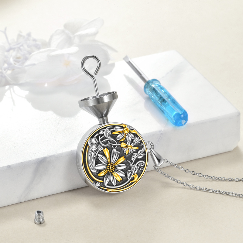 Sterling Silver Two-tone Sunflower Daisy Urn Necklace for Ashes-4