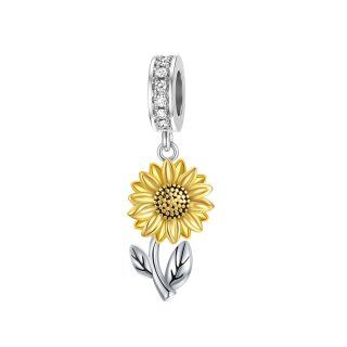 Sterling Silver Two-tone Cubic Zirconia Sunflower Dangle Charm-24