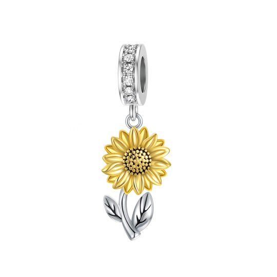 Sterling Silver Two-tone Cubic Zirconia Sunflower Dangle Charm