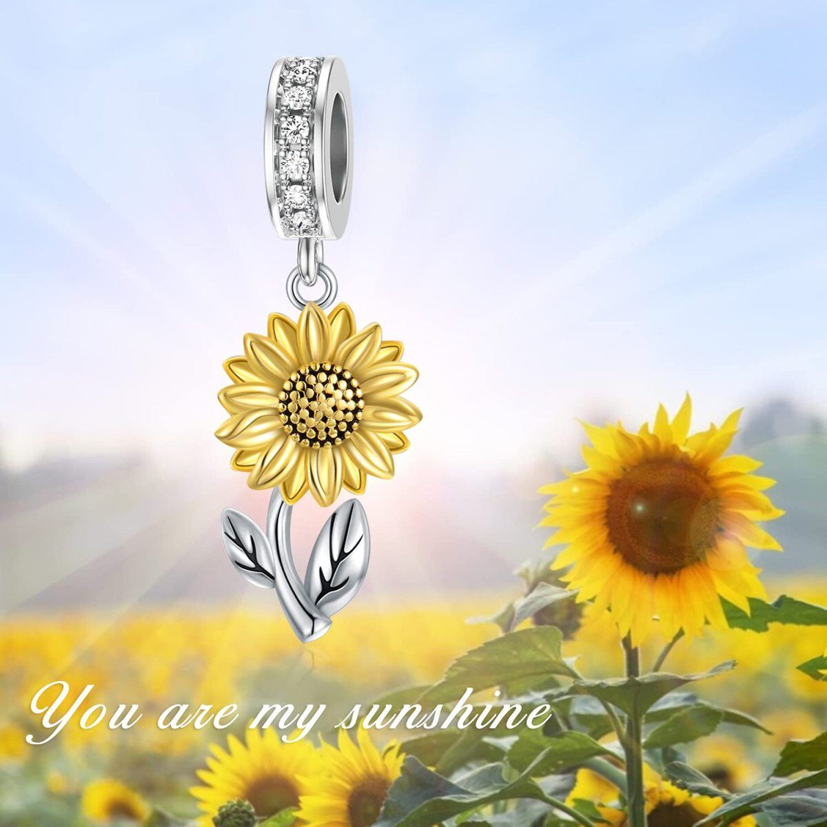 Sterling Silver Two-tone Cubic Zirconia Sunflower Dangle Charm-2