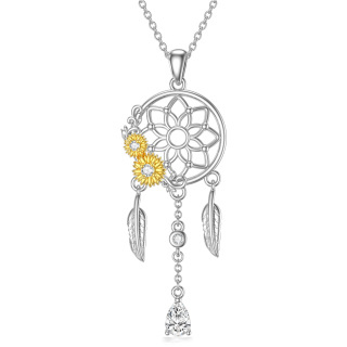 Sterling Silver Two-tone Cubic Zirconia Sunflower & Dream Catcher Pendant Necklace-4