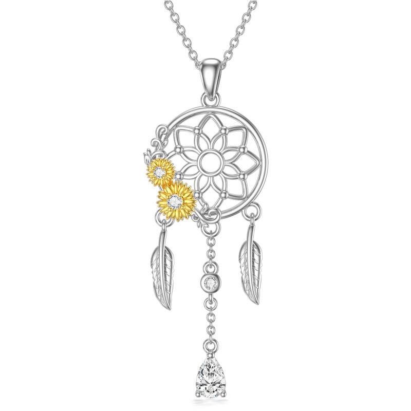 Collana in argento sterling con girasole e acchiappasogni con zirconia cubica bicolore-14