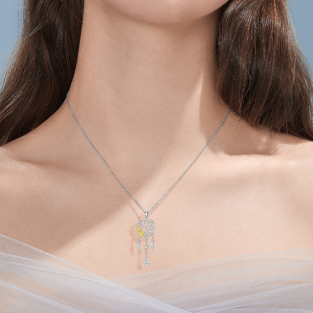 Colar com pingente de girassol e apanhador de sonhos em prata esterlina com zircónias cúbi-2