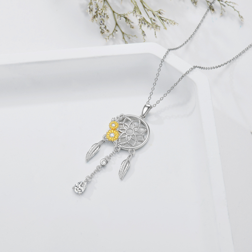 Colar com pingente de girassol e apanhador de sonhos em prata esterlina com zircónias cúbi-4