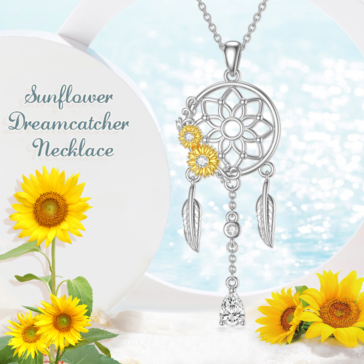 Sterling zilveren tweekleurige Cubic Zirconia zonnebloem & dromenvanger hanger ketting-6