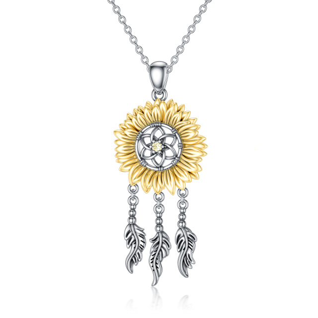 Sterling Silver Two-tone Sunflower & Dream Catcher Pendant Necklace-1