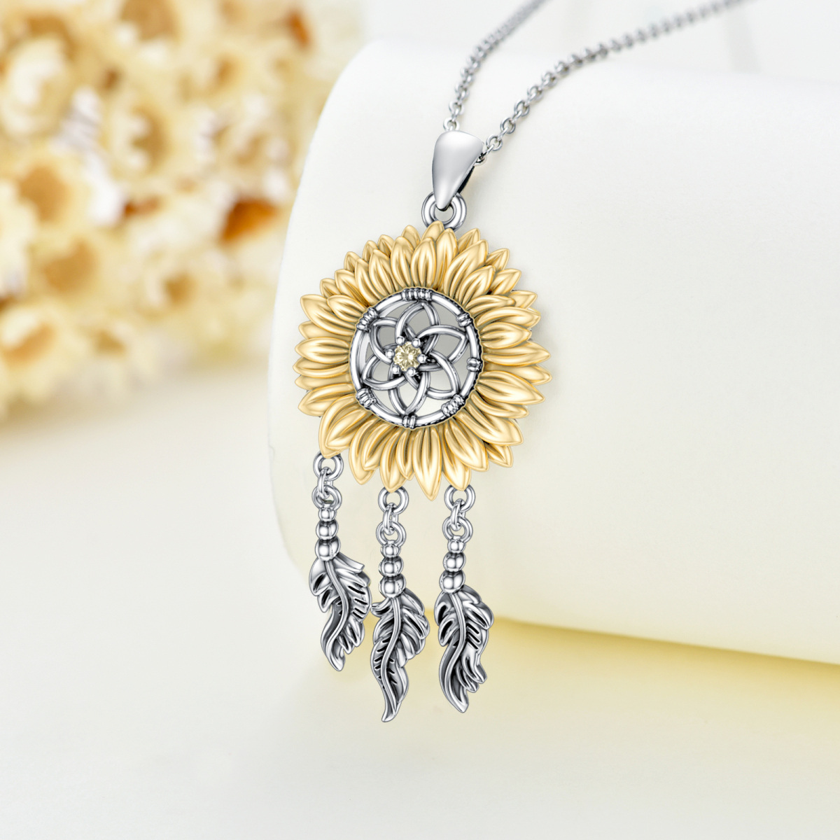 Collier en argent sterling avec pendentif tournesol et attrape-rêves bicolore-3