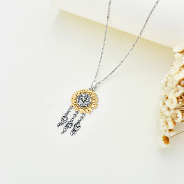 Sterling Silver Two-tone Sunflower & Dream Catcher Pendant Necklace-4