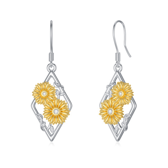 Sterling Silver Two-tone Cubic Zirconia Sunflower Drop Earrings