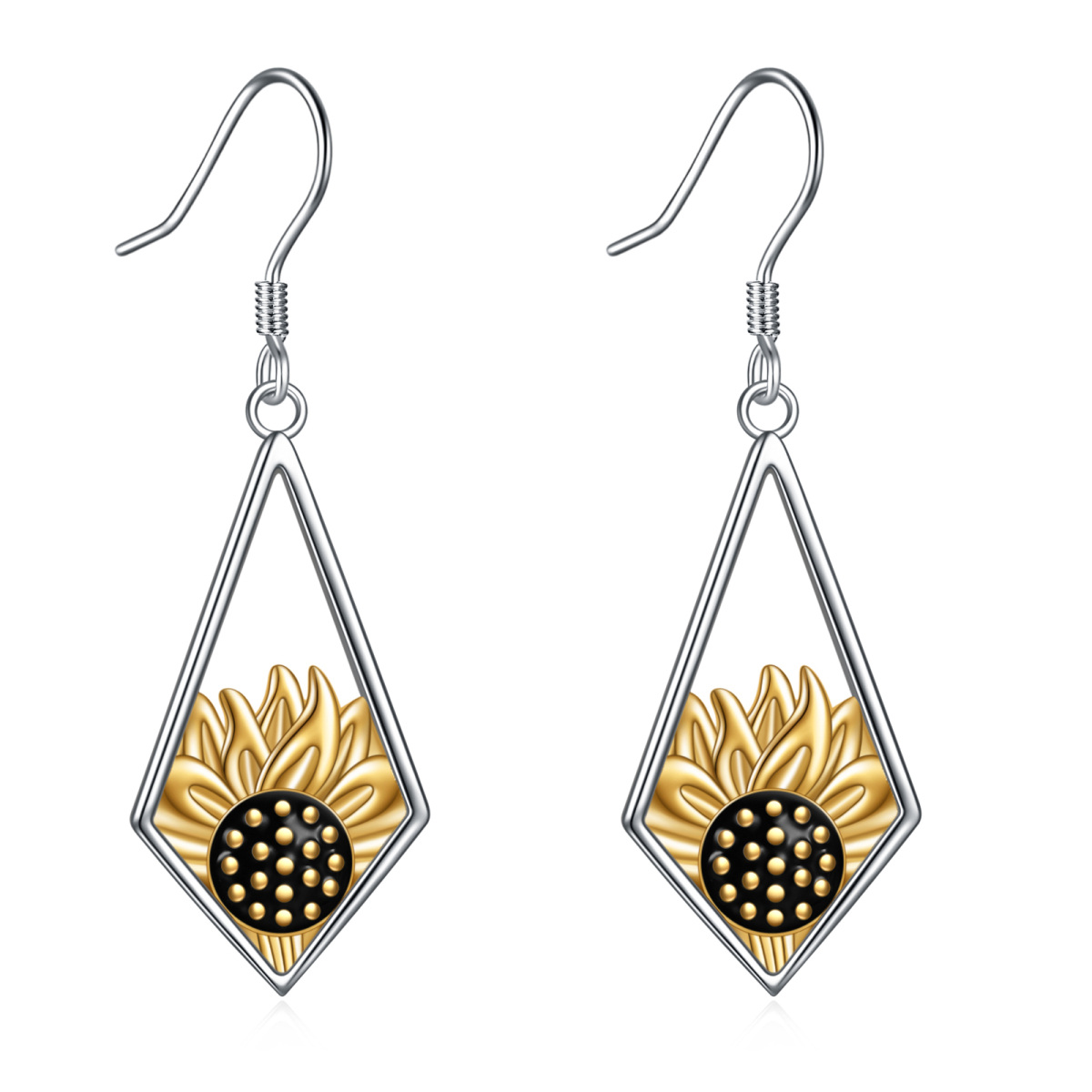 Pendants d'oreilles tournesol en argent sterling bicolore-1