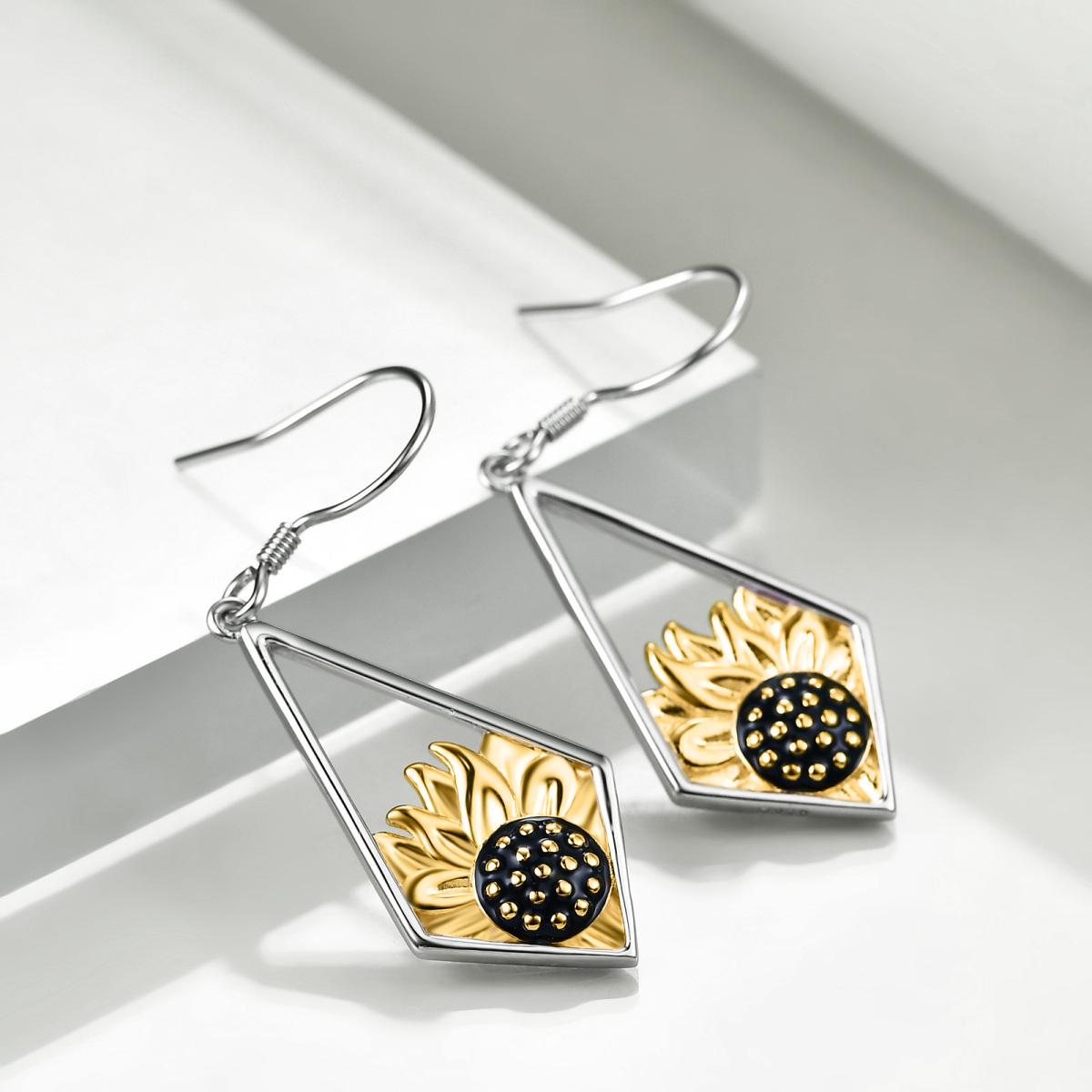 Pendants d'oreilles tournesol en argent sterling bicolore-3