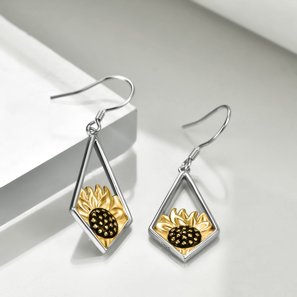 Pendants d'oreilles tournesol en argent sterling bicolore-4