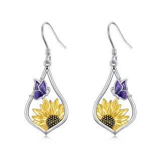 Sterling Silver Two-tone Sunflower Drop Earrings-9