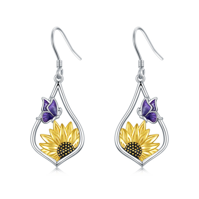 Sterling Silver Two-tone Sunflower Drop Earrings