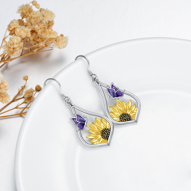 Pendants d'oreilles tournesol en argent sterling bicolore-3