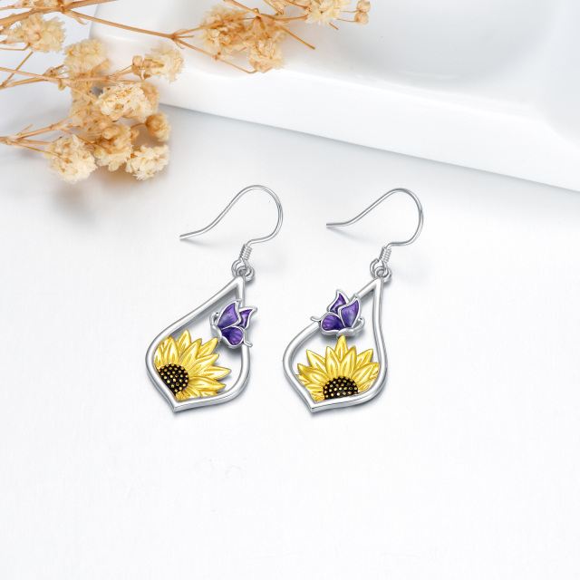 Sterling Silver Two-tone Sunflower Drop Earrings-4