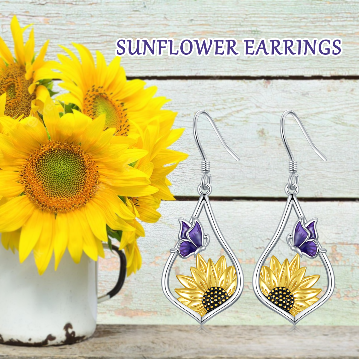 Sterling Silver Two-tone Sunflower Drop Earrings-5