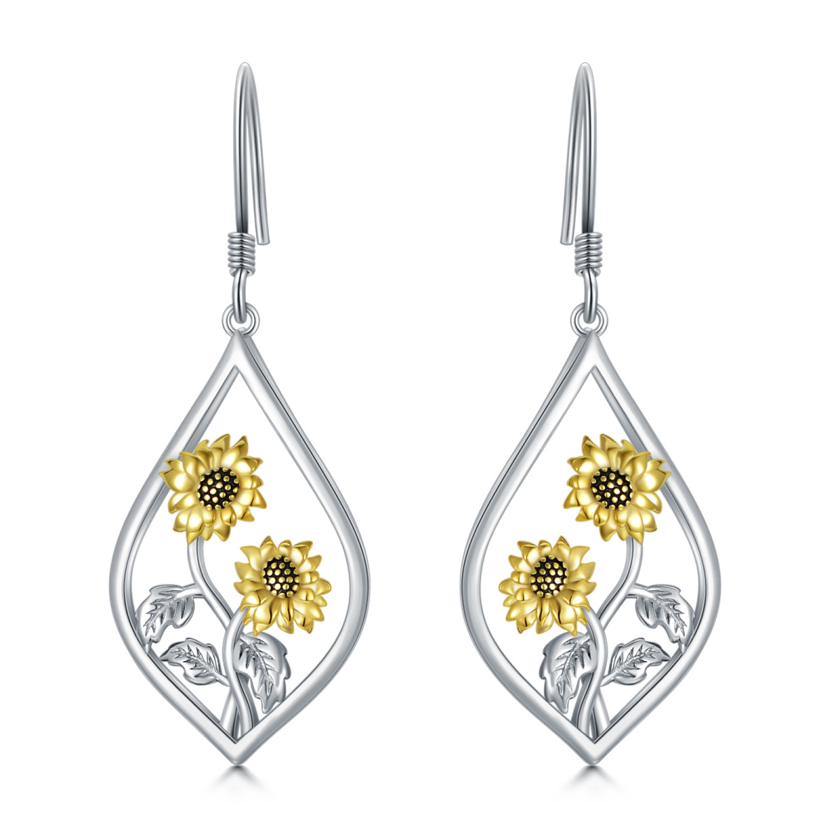 Sterling Silver Two-tone Sunflower Drop Earrings-1