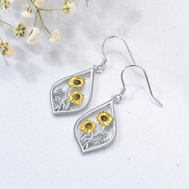 Sterling Silver Two-tone Sunflower Drop Earrings-3