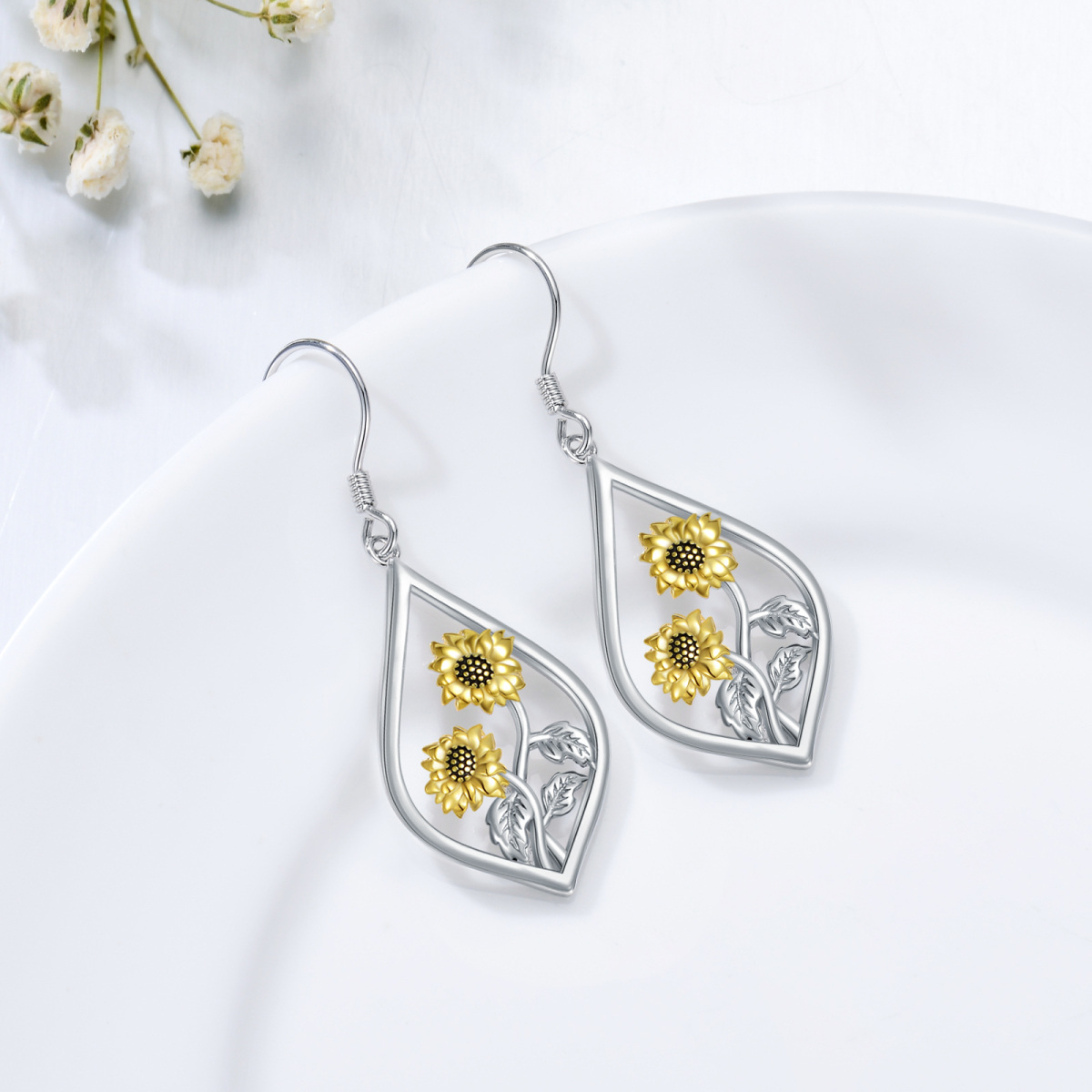 Sterling Silver Two-tone Sunflower Drop Earrings-4