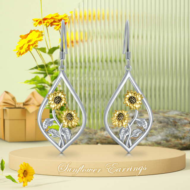 Orecchini pendenti in argento sterling bicolore con girasole-6