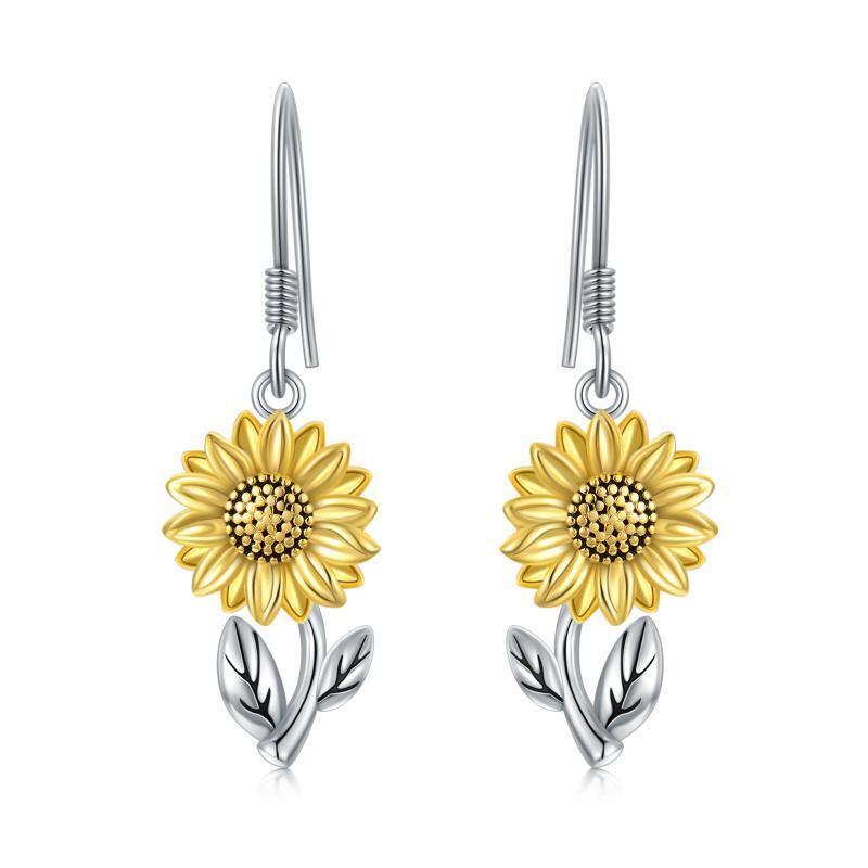 Sterling Silver Two-tone Sunflower Drop Earrings-1