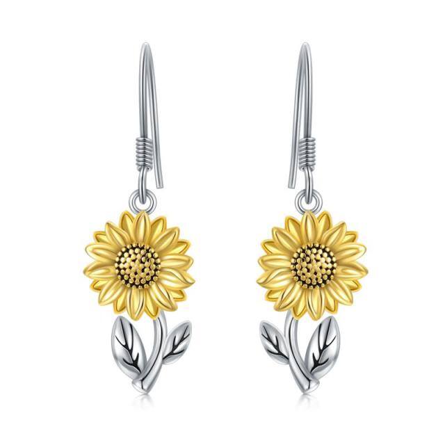 Orecchini a goccia a forma di girasole in argento bicolore