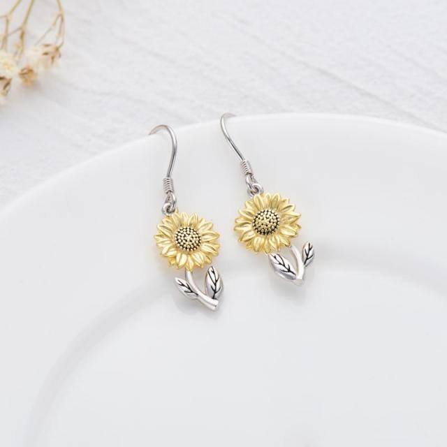 Sterling Silver Two-tone Sunflower Drop Earrings-3