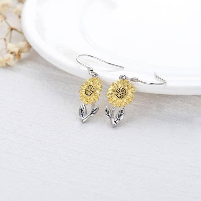 Sterling Silver Two-tone Sunflower Drop Earrings-4